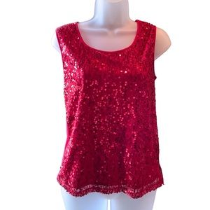George Top Red Sheer Sequined Sleeveless Scoop Neck Stretchy Lined Size Small